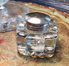Vtg Cut Glass Or Crystal Inkwell Handcrafted Flip Silver Hinged Lid Wide Mouth