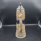 Vintage German Beer Stein Blue Relief Village Scene Pewter Lid 18    Tall