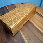 Antique Oak Sewing Notions Box Finger Joint Push Button Velvet Lined 8 5    Lidded