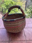 Handwoven African Basket Leather Handle Multicolor Striped Pattern Ghana Small