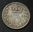 1891 British Three Pence Silver Coin