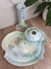 Vintage Limoges Porcelain Dresser Tray   Vanity Set - Painted Flowers Blue Green