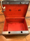 Antique Metal Strong Box   Safe Original Tray   Key Faux Wood Grain Red Interior
