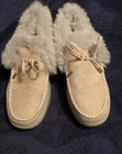 Women s Moccasin Suede Slippers Beige Gray Faux Fur Lined Bow Accent Closed Toe