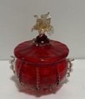 Vintage Antique Victorian Cranberry Hand-blown Lidded Jar Clear Glass Accents