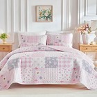 Floral Patchwork Quilt Set King Size - 3 Piece Pink Flower Bedspread  Soft Micro