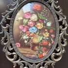 Vtg Oval Brass Ornate Frame Floral Picture Convex Bubble Glass Gorgeous Nice 