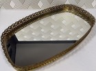 Vintage Oval Filigree Gold Tone Vanity Mirror Perfume Dresser Tray 14x8 Patina