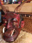 Vintage Carved Wooden Devil Mask With Boar s Teeth