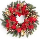Christmas Wreath For Door With Red Flowers  Golden Balls   Pine Cones Decor
