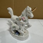 Vtg Iridescent Porcelain Unicorn Mother   Baby Foal With Flowers Figurine Magic