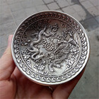 Chinese Tibet Silver Carved Mythical Dragon Phoenix Plate Exquisite Statues