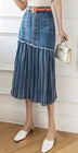 Women s Elegant High Waist Stripes Pleated A-line Swing Midi Denim Jean Skirt 