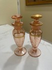 Pink Depression Glass W  Gold Trim Vanity Dresser Set 2 Perfumes  Puff   Tray