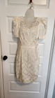 Vintage 80s Midnight Glo Ivory Brocade Pencil Dress Size 8 Lace Puff Sleeve