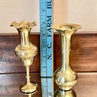Antique Etched Brass  Set 2 Pedastal footed Indian 5  Polished Vases  Asian Bras