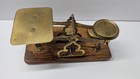 Antique English Victorian Brass Postal Scale Wooden Base With 3 Weights