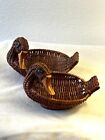 Vintage Set Of 2 Nesting Wicker Duck Baskets Wood Beaks Brown Bird Woven Baskets