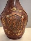 Vintage Mcm Leather Wrapped Glass Decanter Bottle W  Wooden Stopper Lion Crest