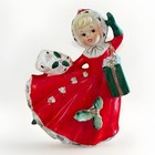 Vtg Relpo Ceramic Figurine Christmas Girl 7  Planter  Spaghetti Trim   A-1484
