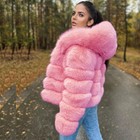 Women Pink Real Fox Fur Hood Coat Genuine Fur Short Outwear Winter Thick Jacket 