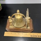 Brass Ship   s Bell With Pulley Wheel Wood Base Vintage Nautical Farmhouse Decor 