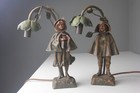 Pair Of Antique Art Nouveau French Bronzed Spelter Bedside Lamps W  Boy   Girl
