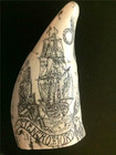 Scrimshaw Reproduction Tooth    The Ship Stenrofjord  Captain  N B Vincent