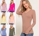 V Neck Cotton Long Sleeve Top Basic Soft Stretch Fitted Plain Layering T-shirt
