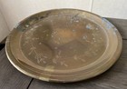 Vintage Solid Brass Daisy Floral Etched Round Serving Vanity Tray - 12  Patina