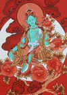 Hand-painted Green Tara Thangka With Lunar And Cloud Design Red Background