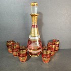 Vtg Czech Bohemian Cranberry Red Cut-to-clear Decanter   6 Glass Set Gold Trim