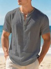 Men s Cotton Linen Henley T-shirt Short Sleeve Casual Summer Beach Tee