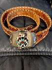Peyote Bird Belt Buckle Vintage Leather Belt Stamped Fiesta Celebrate Dance