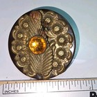 Vintage Button Large Brass On Base Feather Glass Stone Flowers Embossed