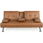 Faux Leather Futon Sofa  Modern Style  Cupholders  Pillows  Metal Frame Couch