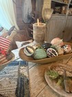 Primitive Old Wooden Trencher Bowl W rag Balls And Wood Spoon Early Cabin Goods