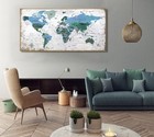 Framed Wall Art World Map Wall Art Canvas Picture 20inchx40inch Large Blue Ma   