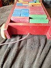 Vintage Playskool Pull Along Wooden Wagon With Wood Building Blocks Nostalgic