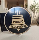 Vintage Bell System Public Telephone Flange Sign Double Sided Porcelain Metal