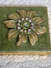 Vintage Sage Green Enameled Double Mirror Compact With Floral Rhinestone Decor