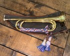Vintage 1960   s Us Regulation Made In Usa Brass Bugle W mouthpiece  Bag  Tassel