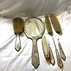 Vtg Pearlized Vanity Set Mirror Hairbrush Coat Brush Button  Hook Manicure Tools