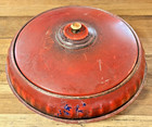 Vtg Atomic Red Round Sewing Metal Tin 3 Piece Knob Lidded Box Midcentury