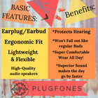 Orange Plugfones Noise Isolating  Earbuds Earplugs Headphones Hearing Protection
