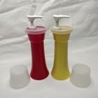Vtg Tupperware Hourglass Ketchup Mustard Set 7 5  Pump Dispensers  718 W lids