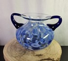 Vtg Glass Flower Vase Blue White Swirling Design Dark Blue Handles Hand Blown