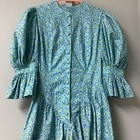 Vintage Look Dress Size Xs Cotton Green Floral Drop Waist Prairie Country Button