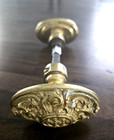 Pair Antique Ornate Victorian Solid Brass Oval Unique Door Knobs With Spindle