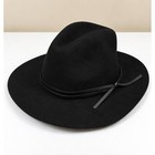 Black 100  Wool Wide Brim Fedora Hat Pinched Crown Faux Leather Band Rn157656